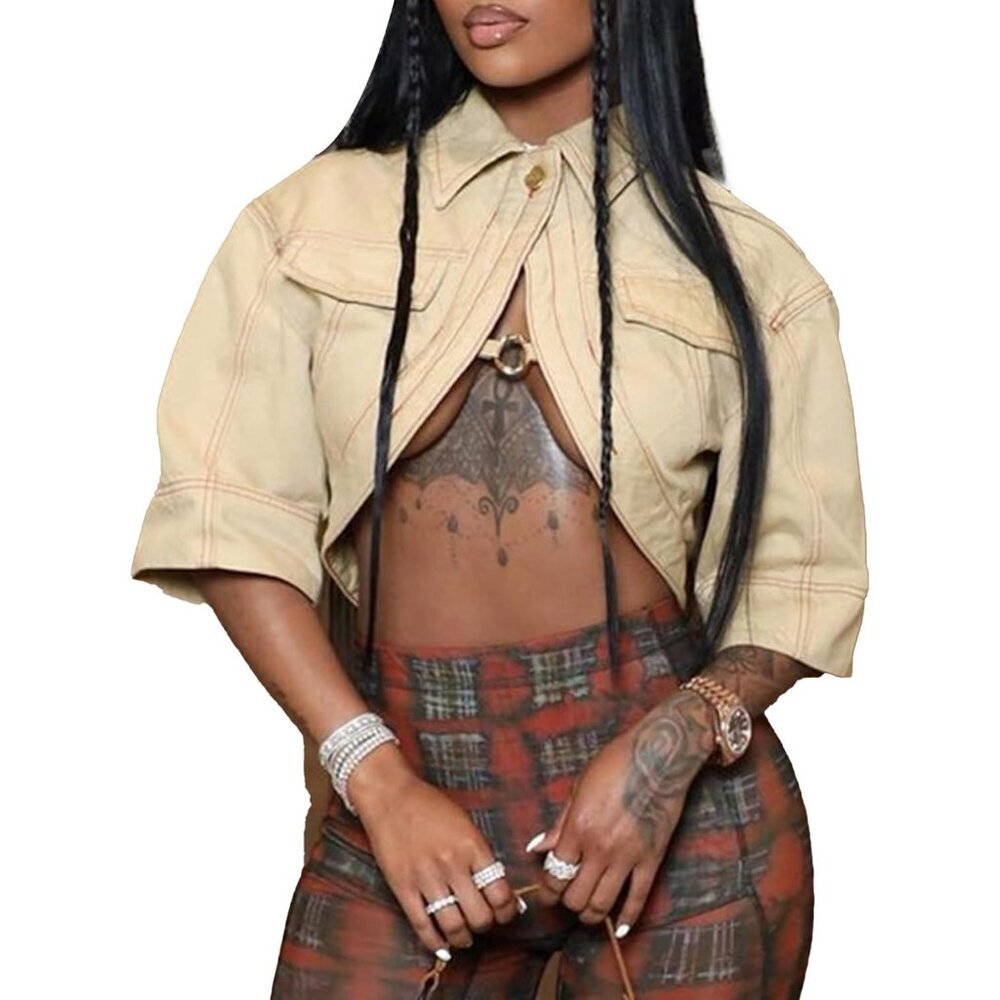Women Crop Top Denim Jacket Short Sleeve Cut Out Button Up Casual